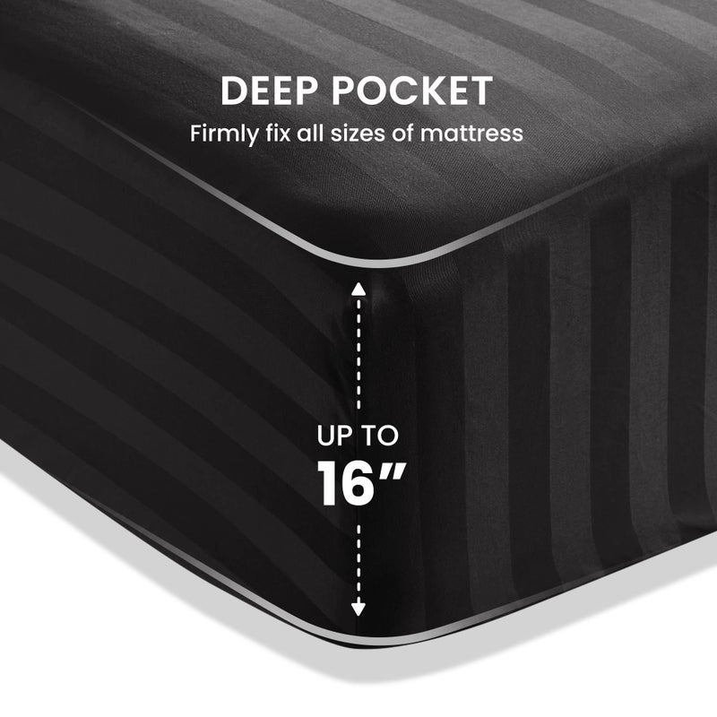 SLEEP ZONE Striped Cooling Queen Sheets Set - Fitted Flat Sheet & Pillowcase Sets 4 Piece - Super Soft Stripe Bed Sheet, Easy Care, Deep Pocket (Black, Queen) - Image 2